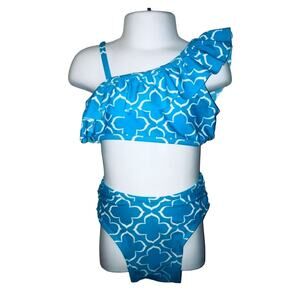 Girls 4T Old Navy Turquoise Blue & White Quatrefoil One Shoulder Ruffle Bikini